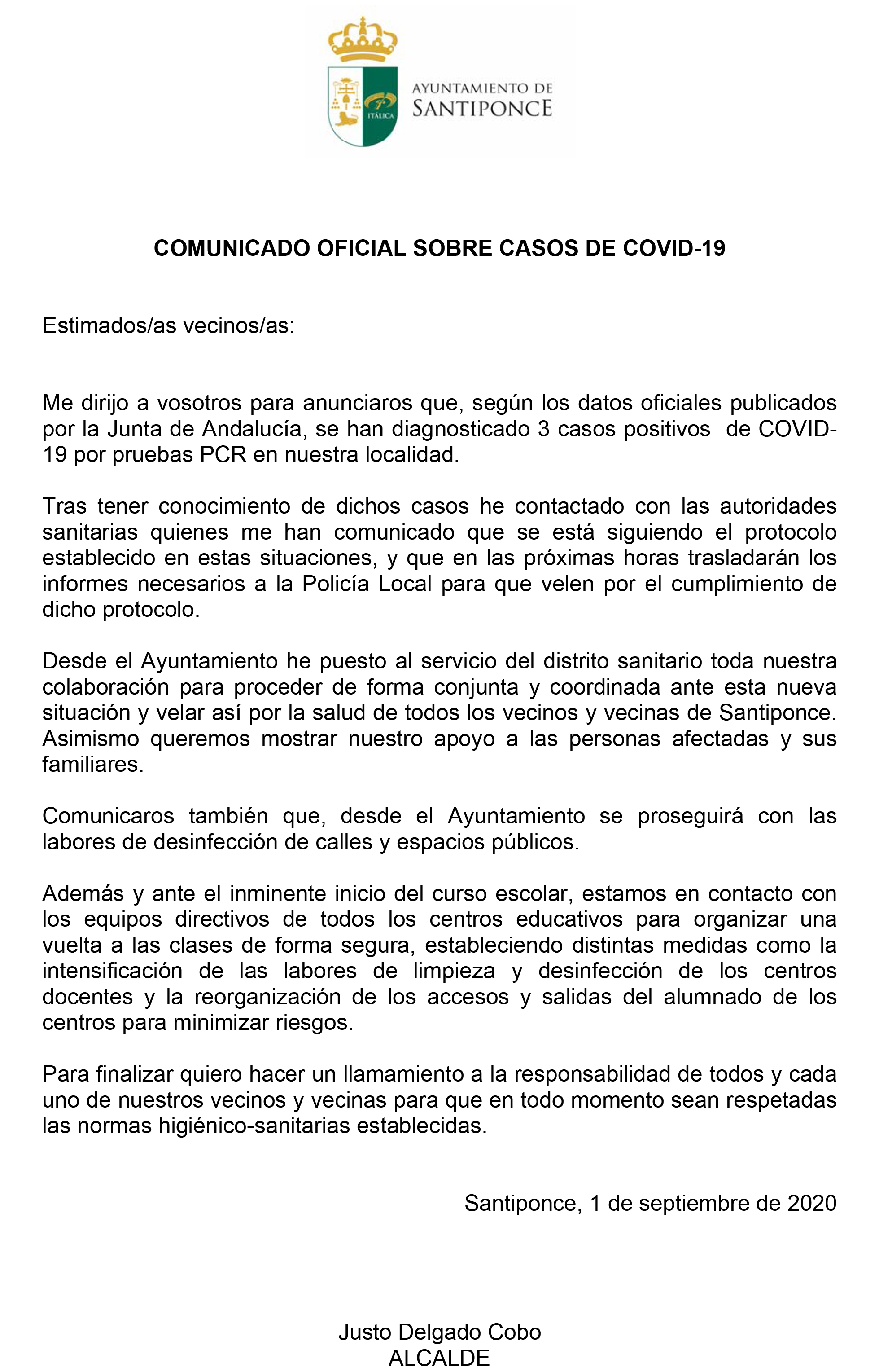 COMUNICADO OFICIAL SOBRE CASOS DE COVID