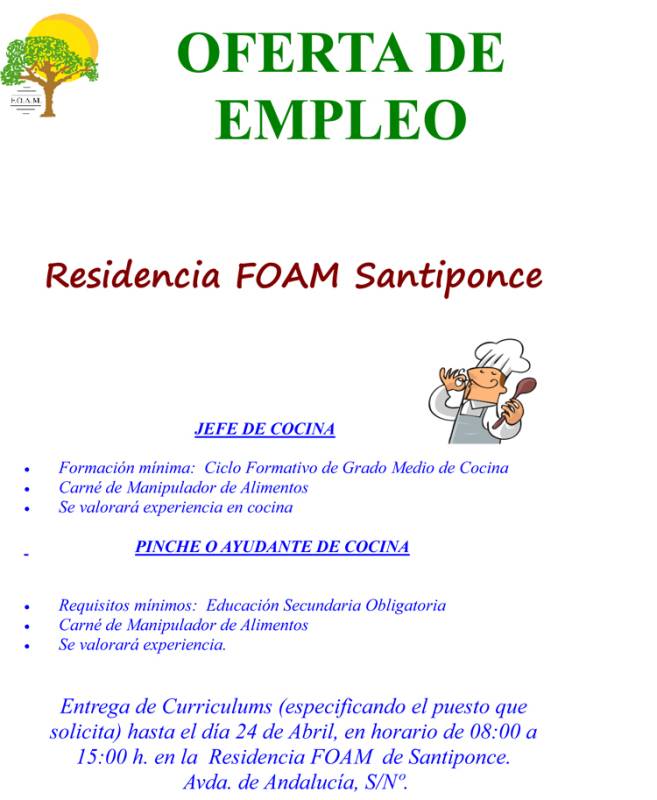 cartel oferta de empleo cocinero y pinche de FOAM 15042015